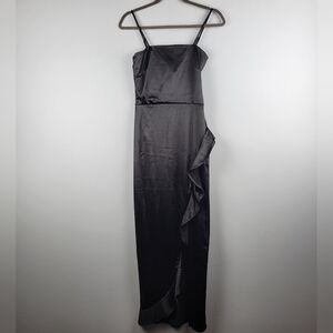 LIZ & SARA Black Satin Dress M Ruffle Skinny Adjustable‎ Straps Long
